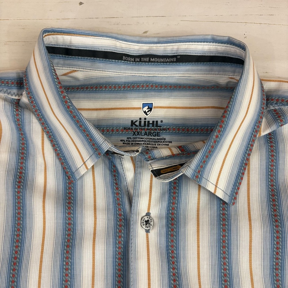 Kuhl Striped Shirt Mens 2XL Blue Cotton Woven Short Sleeve Button-Up Casual